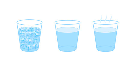 Ice cube, simple and hot with steam in glass. Different temperature of water. Frozen, gaseous vapor state of water. Vectorのイラスト素材