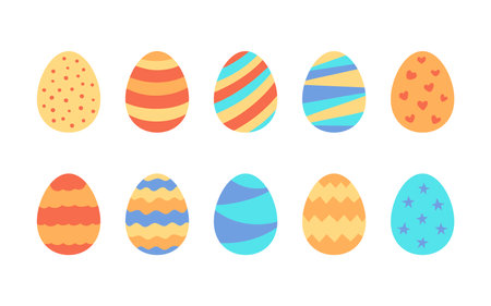 Decorated color Easter eggs set. Egg in flat style. Festive traditional meal decorated eggs. Vectorのイラスト素材