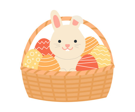 Easter color eggs and cute rabbit in basket. Easter holiday. Cartoon vector illustrationのイラスト素材
