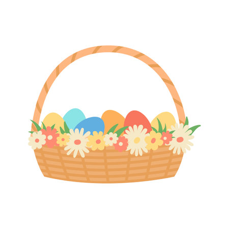 Easter color eggs in basket with decorated flowers. Easter holiday. Cartoon vector illustrationのイラスト素材