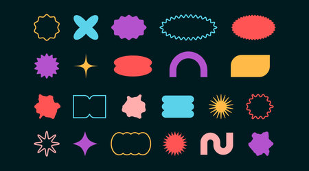 Geometric color abstract different shape sticker set. Graphic elements in minimalist style. Collection figures circle, star, wave blob. Modern design form. Vector illustrationのイラスト素材