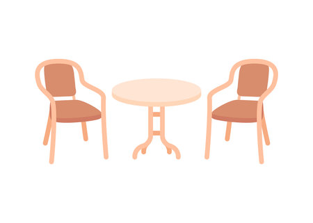 Circle table and two chairs furniture, seats in interior. Office, cafe, restaurant and home kitchen furniture. Interior objects for eating in cartoon flat style. Vectorのイラスト素材