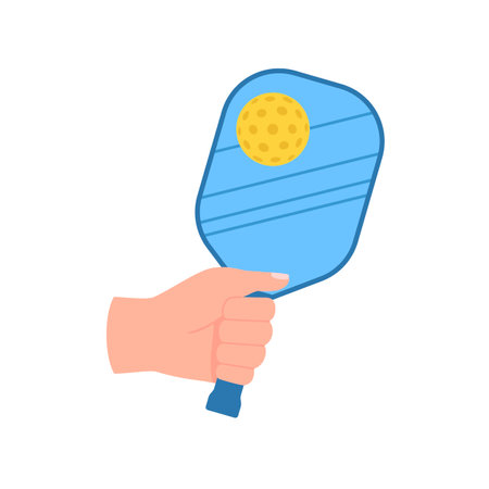 Tennis racket in hand and ball for pickleball. Equipment for sport game. Vector illustrationのイラスト素材