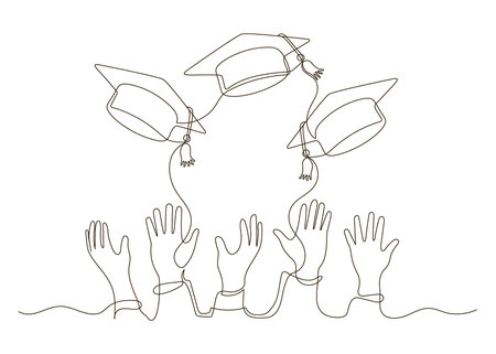 Graduates throws their graduation cap with his hand continuous one line drawing. Festive graduation from university. Vector illustrationのイラスト素材