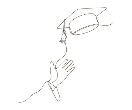 Graduate throws his graduation cap with his hand continuous one line drawing. Festive graduation from university. Vector illustrationのイラスト素材