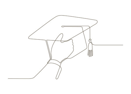 Hand holding graduation cap continuous one line drawing. Festive graduation from university. Vector isolated illustrationのイラスト素材