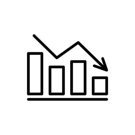 Graph reduction with arrow down, line chart icon. Financial fall, decrease, fail. Statistics and analytics. Vector illustrationのイラスト素材