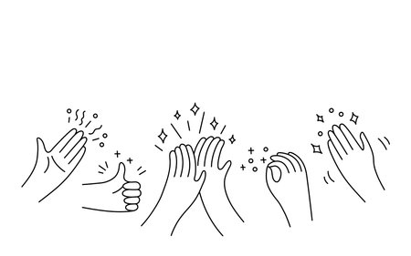 Hands clap doodle line art, applause and appreciate group of people. Congratulations, support, thanksgiving, feedback in hand drawn. Vectorのイラスト素材