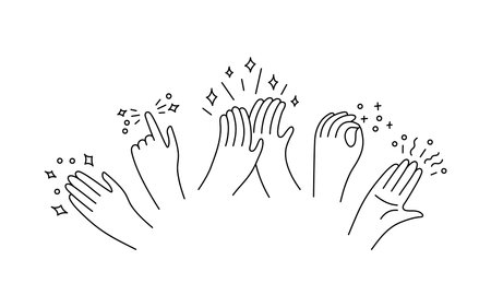 Hands clap doodle line art, applause and appreciate group of people. Congratulations, support, thanksgiving, feedback in hand drawn. Vectorのイラスト素材