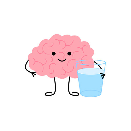 Brain character with water glass. Cute cartoon brain promoting hydration and healthy mind. Concept of smart health and intelligent well-being. Vectorのイラスト素材