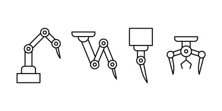 Robotic arm icon set featuring various industrial cutting manipulator designs or medical robotic knife. Automation technology concept for manufacturing and medicine. Vectorのイラスト素材