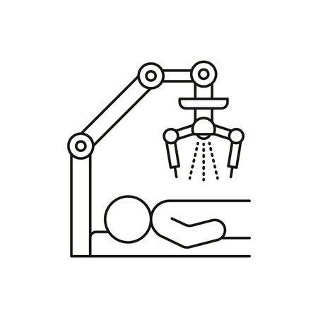 Robot arm performing surgery on a patient lying on an operating table. Concept of robotic surgery, automation in medicine, and future healthcare technology. Vector illustrationのイラスト素材