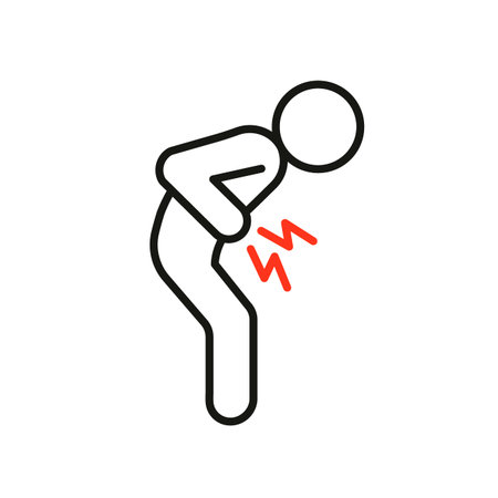 Man suffering from stomach ache line icon. Gut problem concept, healthcare and medicine. Digestive system pain. Vectorのイラスト素材