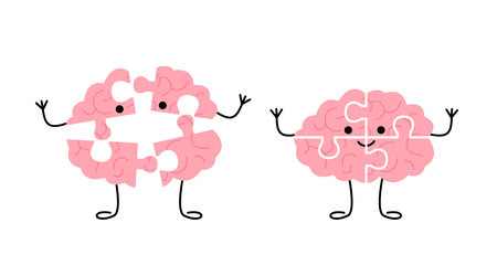 Happy completed brain puzzle and broken brain puzzle cartoon character. Mental health concept for psychology and awareness. Vectorのイラスト素材