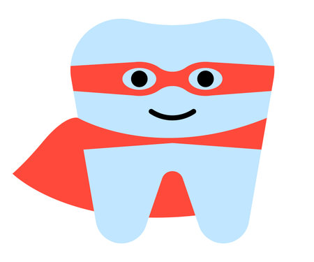 Superhero tooth wearing red cape and mask. Cute dental character for pediatric dentistry promotion....