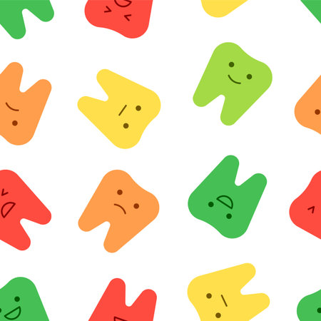 Medical pattern with color teeth of different characters on white background. Childish  dental...