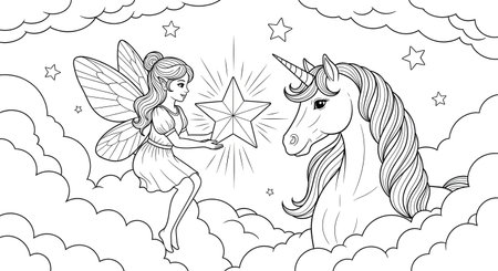 Unicorn and fairy. Black and white vector illustration for coloring bookの素材