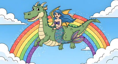 Cartoon illustration of a cute mermaid riding a dragon on a rainbowの素材