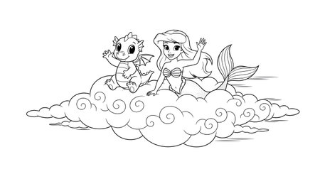 Cute little mermaids on the cloud. Coloring book for children.の素材