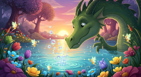 Fantasy dragon in the lake with flowers and butterflies - illustration for childrenの素材