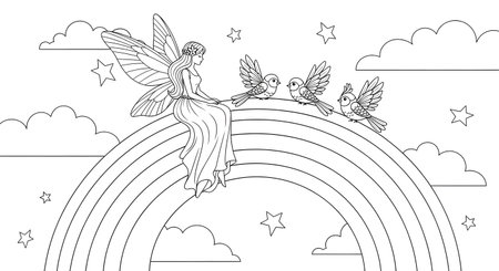 Angel with birds on rainbow. Coloring book page for kids.の素材