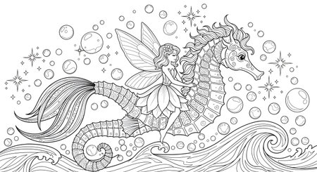 Unicorn in the sea. Coloring book antistress for children and adults. Black and white vector illustrationの素材