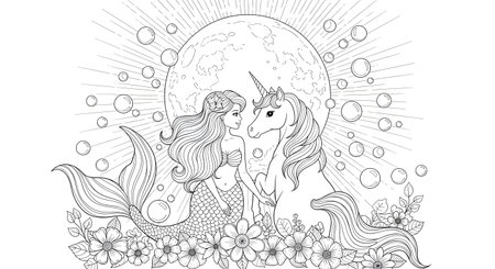 Unicorn and mermaid on the background of the moon and stars. Black and white illustration for adults.の素材