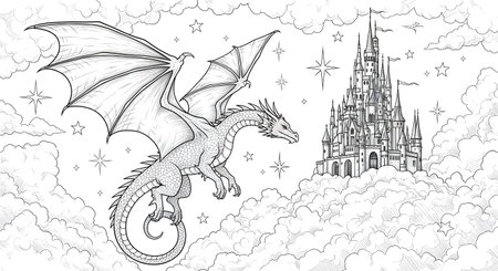 A detailed line drawing of a mythical dragon flying towards a grand, fairytale castle amidst a cloudy, star-filled sky.の素材