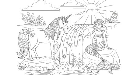 A beautiful coloring page featuring a majestic unicorn and a graceful mermaid sitting by a magical waterfall, with a sun and clouds in the background, perfect for children's creative activities.の素材