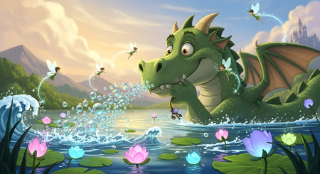 A whimsical illustration of a happy dragon splashing in a serene lake surrounded by glowing lotus flowers, fairies, and distant mountains under a beautiful sky.の素材