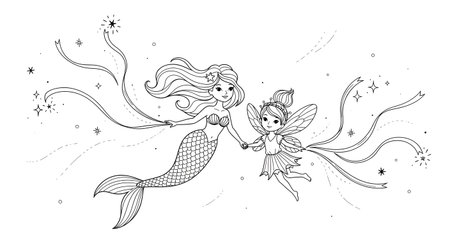 A charming black and white line art illustration of a mermaid and a fairy friend floating together with magical ribbons and stars, perfect for a children's coloring book.の素材
