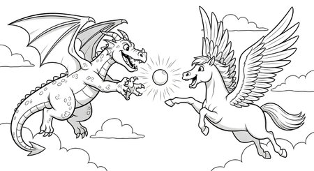 A black and white line art illustration of a happy dragon and a majestic pegasus flying among the clouds. This whimsical scene is perfect for a children's coloring activity.の素材