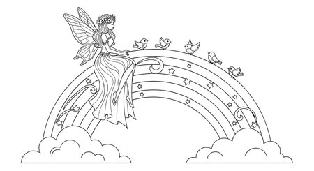 A charming line art illustration for coloring, featuring a graceful fairy with wings sitting on a rainbow, accompanied by several small birds.の素材