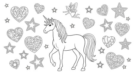 A beautiful black and white line drawing of a unicorn. The background is filled with patterned hearts and stars, perfect for a kids coloring book or activity page. Vector illustration.の素材