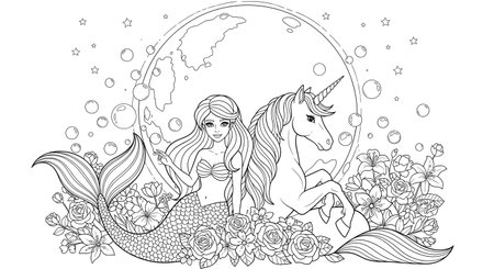 A beautiful black and white line art illustration of a mermaid and a unicorn in a magical scene with a full moon, flowers, and bubbles, perfect for a coloring book.の素材