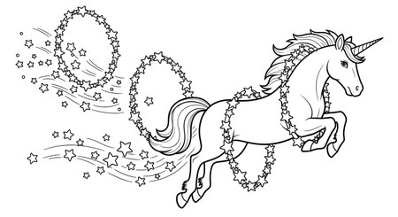 A black and white line drawing of a majestic unicorn in mid-air, jumping through two sparkling star hoops. The unicorn has a flowing mane and tail, and stars trail behind it.の素材