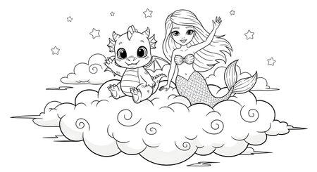 A black and white line art illustration of a friendly mermaid and a cute baby dragon sitting together on a fluffy cloud, waving happily. Perfect for a kids coloring book.の素材