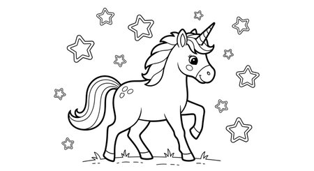 A charming black and white line art illustration of a cute unicorn surrounded by stars. This simple and fun design is perfect for a children's coloring book or educational activity.の素材