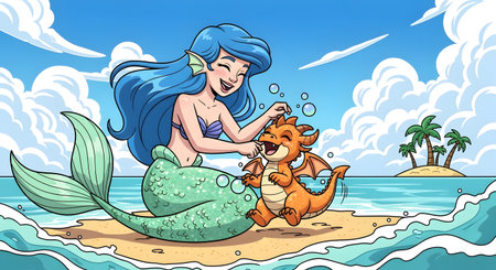 A cheerful blue-haired mermaid sits on a sandbar, lovingly petting a happy little orange dragon. A tropical island is visible in the background under a sunny sky.の素材