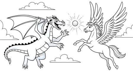 A delightful black and white outline illustration for children to color, featuring a friendly dragon and a majestic pegasus playfully interacting with the sun in a whimsical sky.の素材