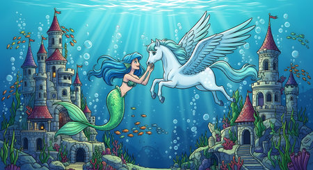 A magical illustration of a mermaid meeting a mythical pegasus in a deep blue ocean kingdom with ancient castles. A fairytale concept of friendship and fantasy.の素材