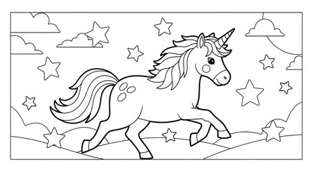 A black and white line art illustration of a magical unicorn trotting through a starry sky with fluffy clouds. This is a printable coloring activity for children.の素材