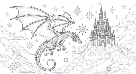 A detailed line art illustration of a mythical dragon soaring through a cloudy sky towards a grand, fairytale castle, with stars scattered around.の素材