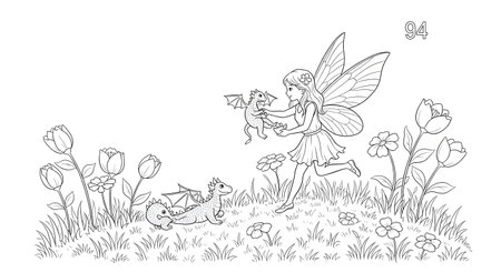 A charming line art illustration of a fairy holding a baby dragon, surrounded by flowers, grass, and a butterfly.の素材