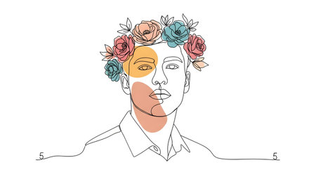 Minimalist portrait created with a single continuous line. The subject wears a crown of colorful roses, with abstract color shapes adding a modern artistic touch.の素材