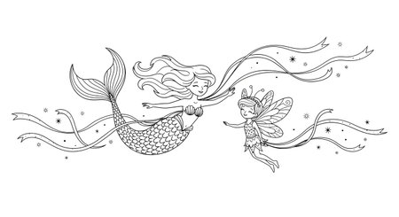 A beautiful line art drawing of a whimsical mermaid with long flowing hair and a tiny fairy with wings, surrounded by decorative ribbons. Fantasy coloring page concept.の素材