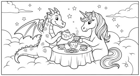 A black and white coloring page for kids featuring a friendly dragon and a magical unicorn sharing tea and cookies on a cloud table under a starry sky.の素材