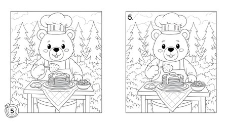 A black and white spot the difference puzzle for children. Find five differences between the two pictures of a cute bear in a chef hat with a stack of pancakes in the forest.の素材
