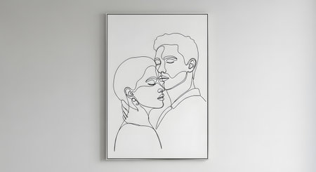 Modern and elegant one line art illustration of a couple hugging. The simple black line on a white background creates a powerful and romantic image of intimacy and love.の素材