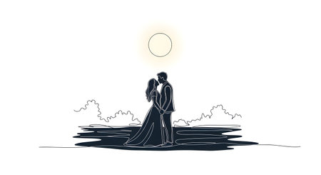 Hand drawn illustration of a romantic couple in silhouette. A man and woman dressed for a wedding stand in a loving embrace against a simple landscape.の素材